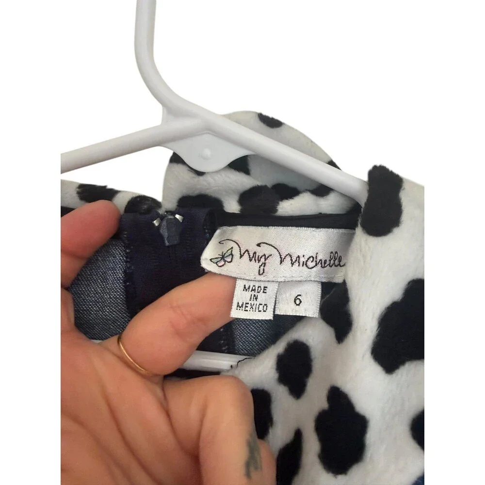 Vintage My Michelle Girls 6 Denim Dress Dalmatian Faux Fur Collar Y2K